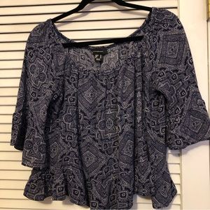 PrimarkAtmosphere Navy White Print Peasant Neck Ruffled Edge Mini Blouse Size 14